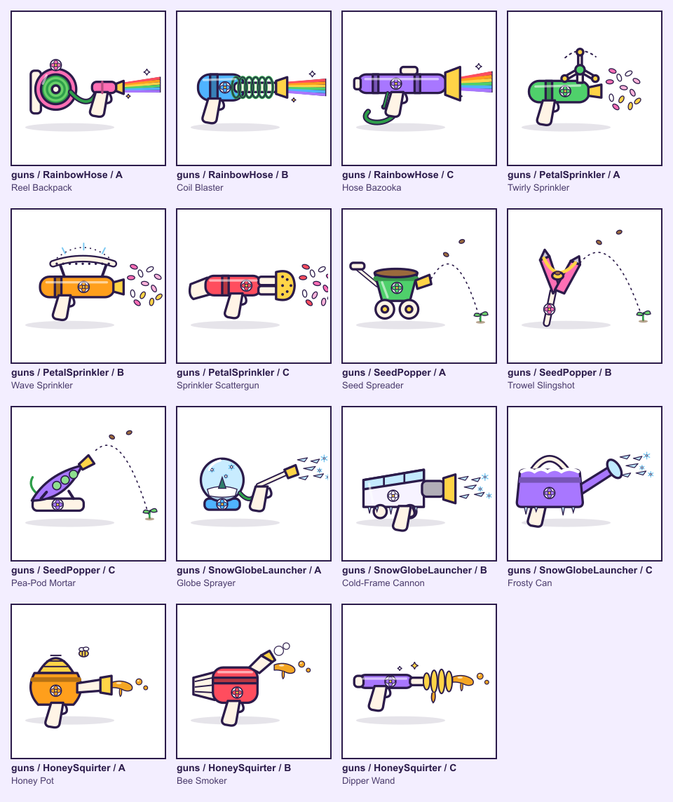 Fifteen sticker-style drawings of garden-tool blasters: three options each for five new guns, labelled A, B and C