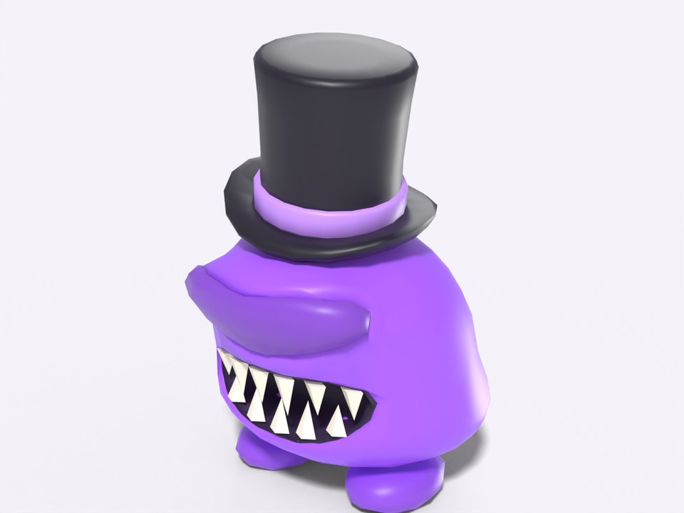 A purple gumdrop-shaped monster with no eyes, jagged cream teeth and a tall black top hat